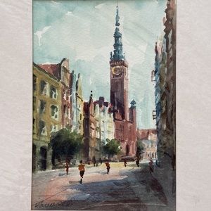 Water color of a European Bell Tower and Street picture wrapped in clear cover